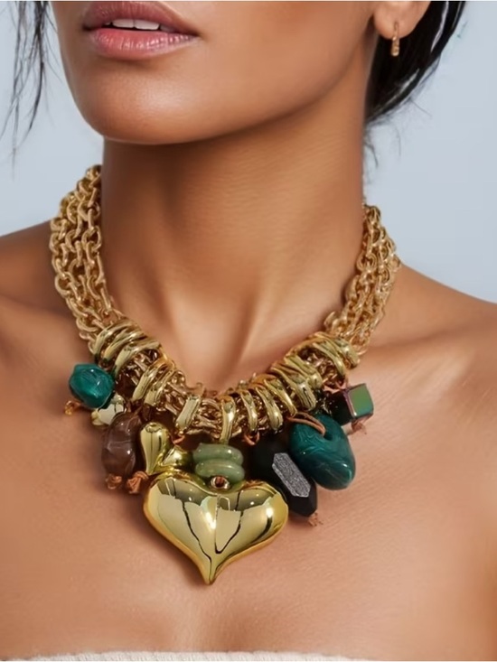 Big Jewelry Co Jewelry - Gold Heart Charm Necklace with Green Stone Accents - Women Jewelry